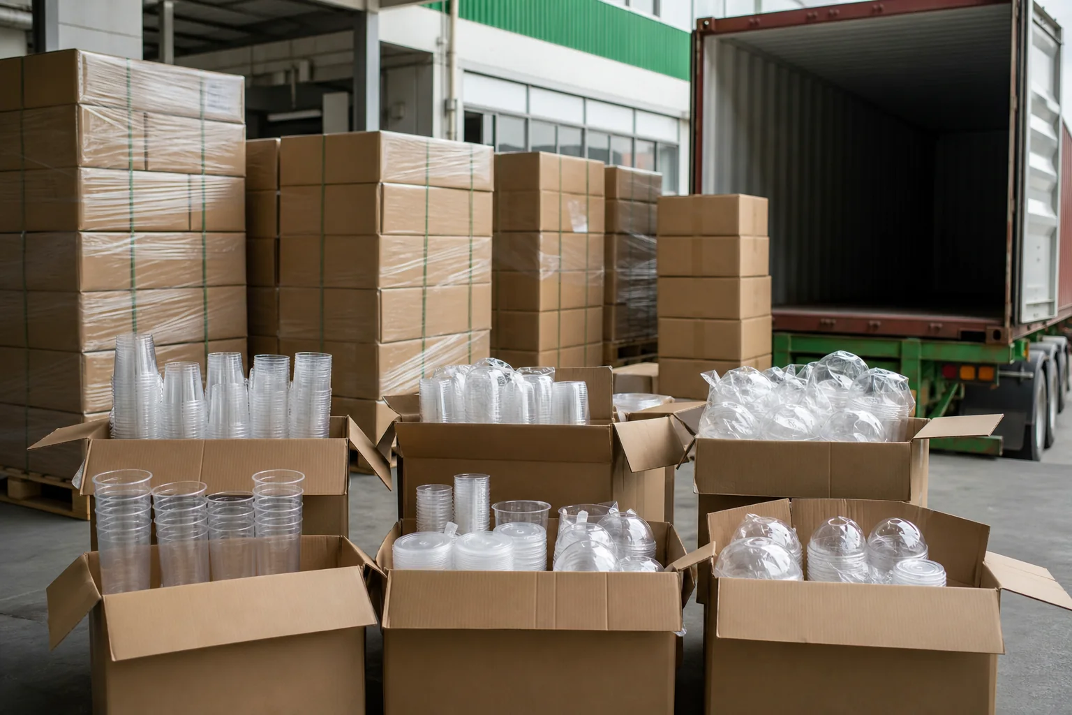 Representative mixed-SKU PET cups and lids export shipment