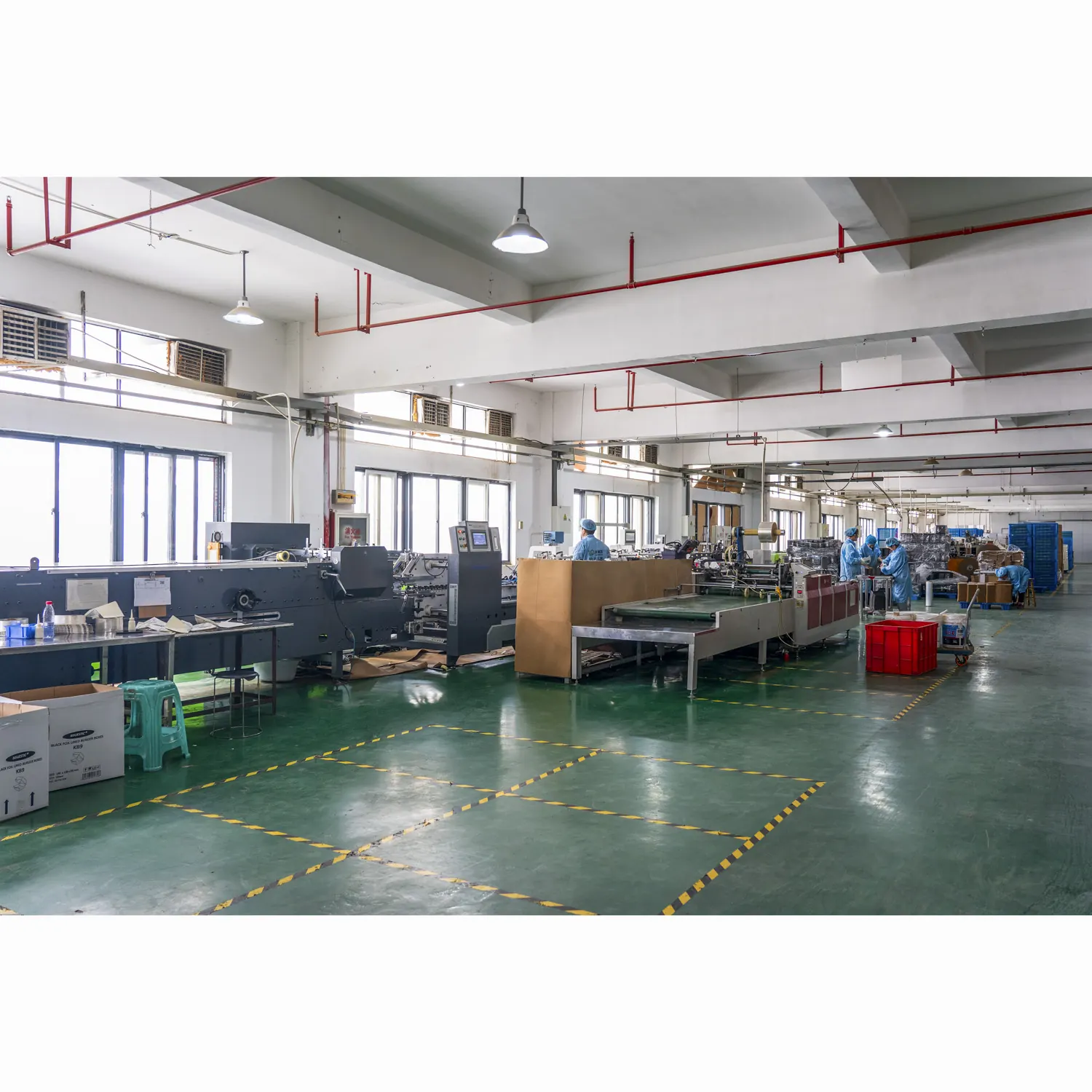 Workers operating food packaging production lines