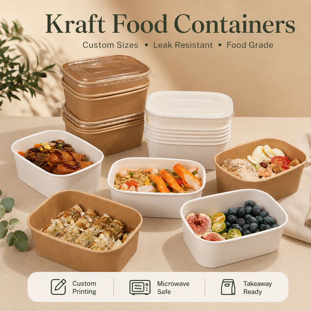 Kraft Food Containers with Lids wholesale food packaging product