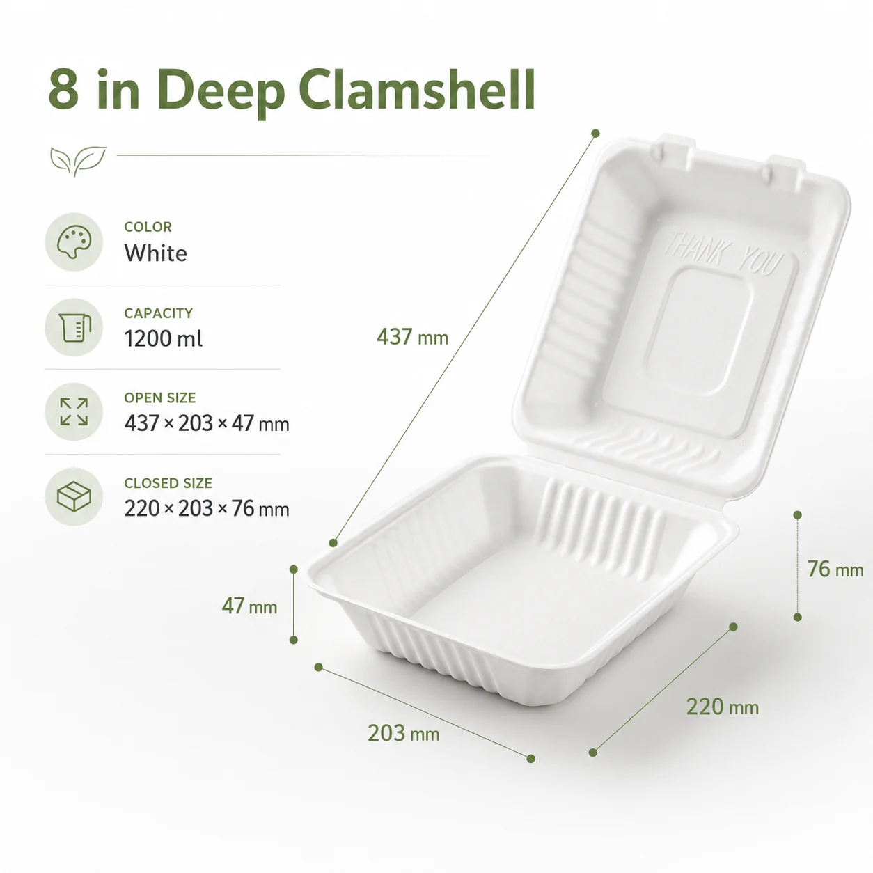 8 inch Deep White Bagasse Clamshell wholesale food packaging product