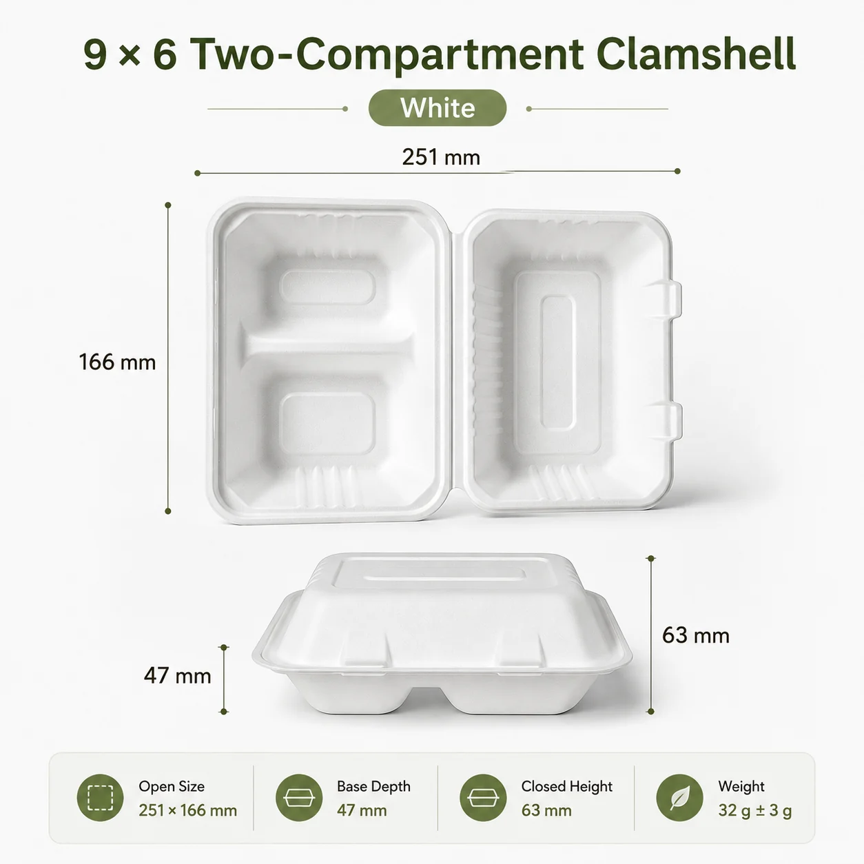 9 by 6 Two Compartment Bagasse Clamshell product photo