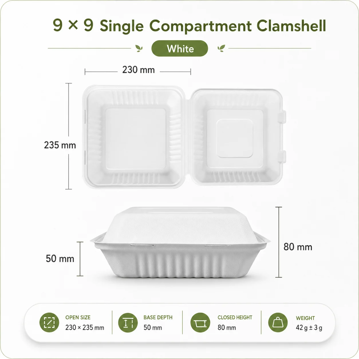 9 by 9 Single Compartment Bagasse Clamshell wholesale food packaging product